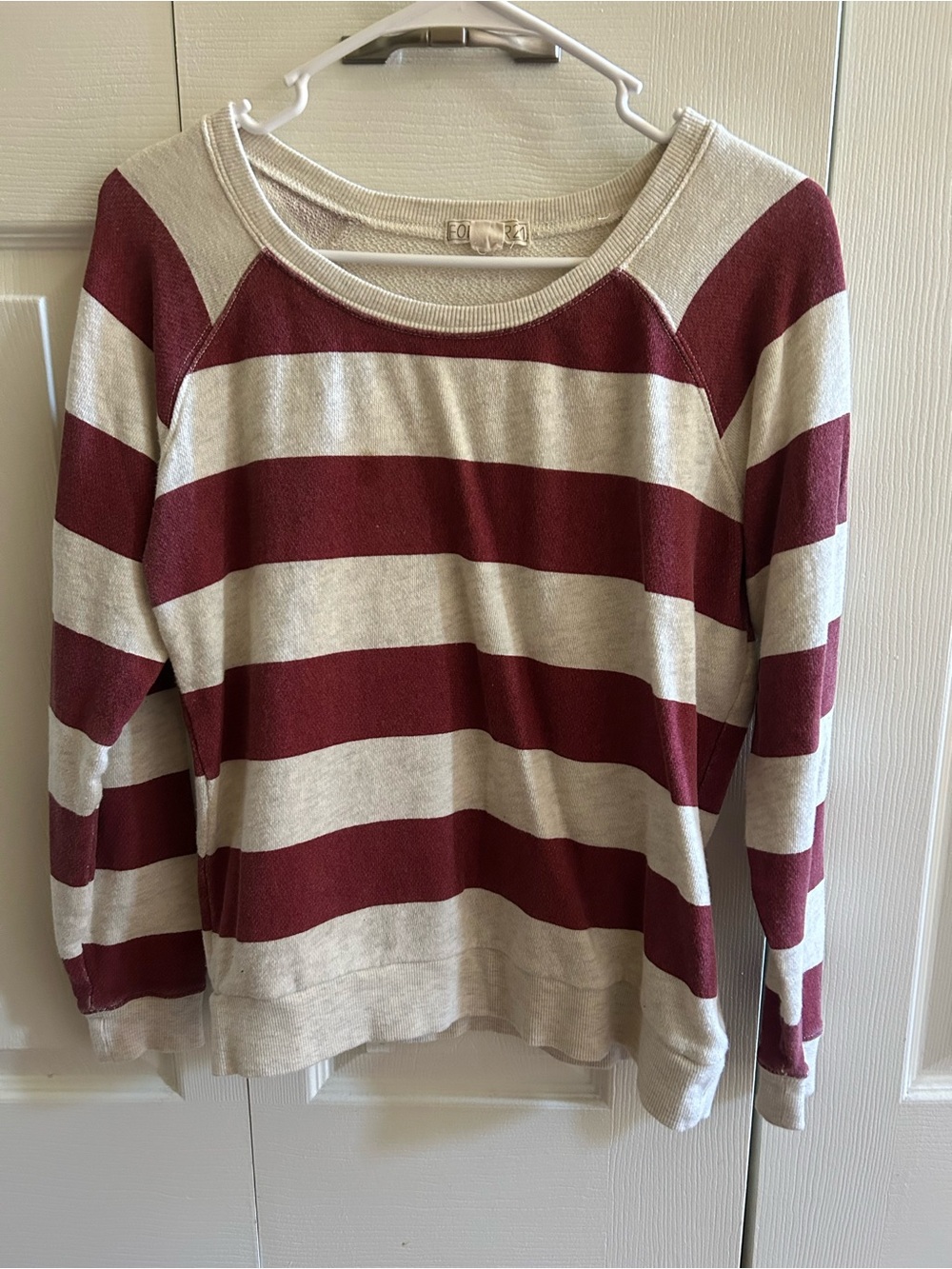 Forever 21 Maroon and Cream Striped Scoop Neck Sweater